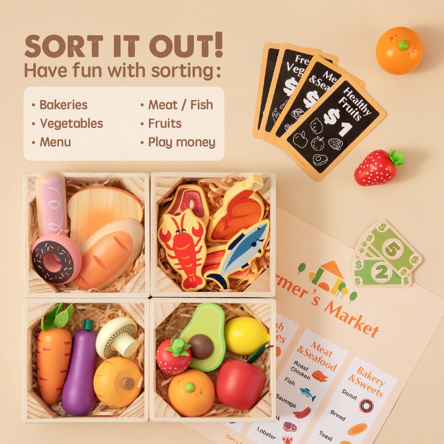 Tiny Land® Wooden Play Food Set – 30+ PCS