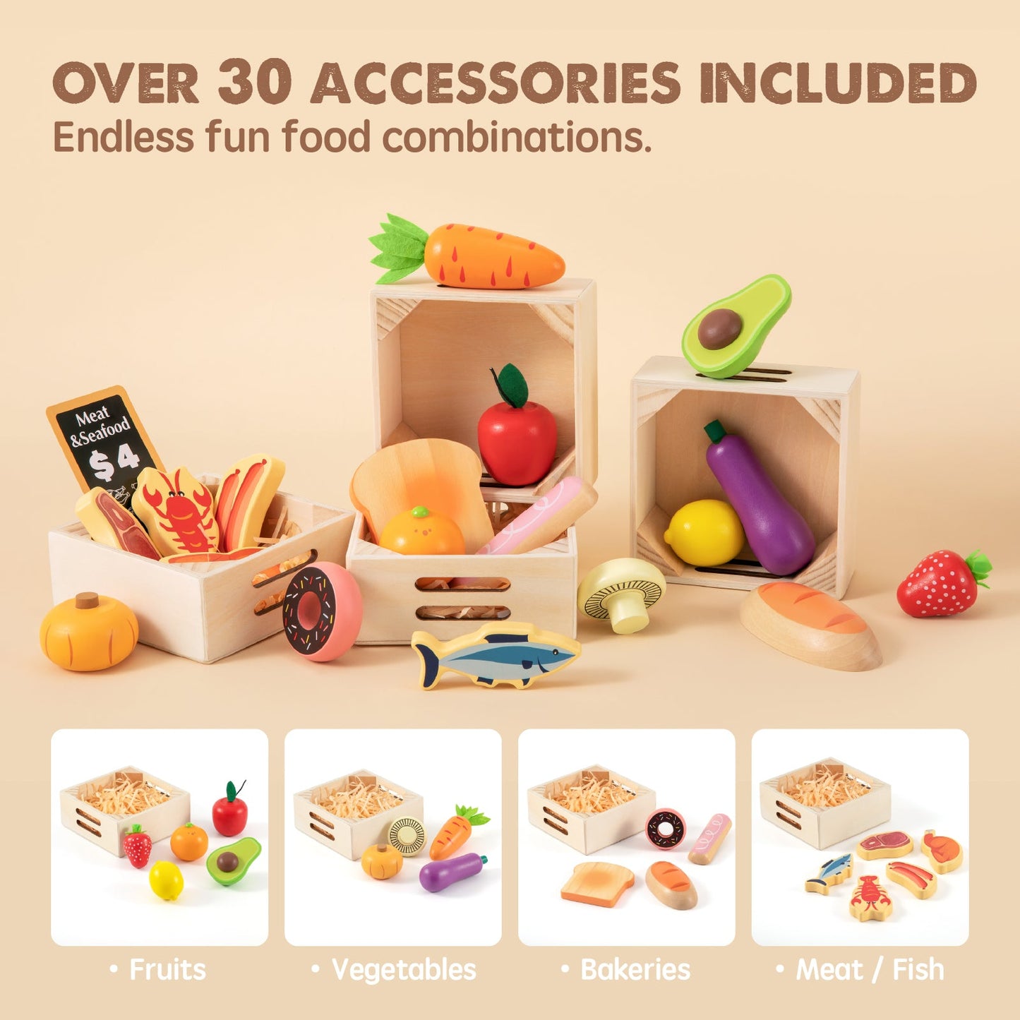 Tiny Land® Wooden Play Food Set – 30+ PCS