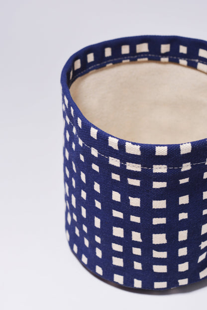 Sustainable Round Canvas Bin-Navy Grid
