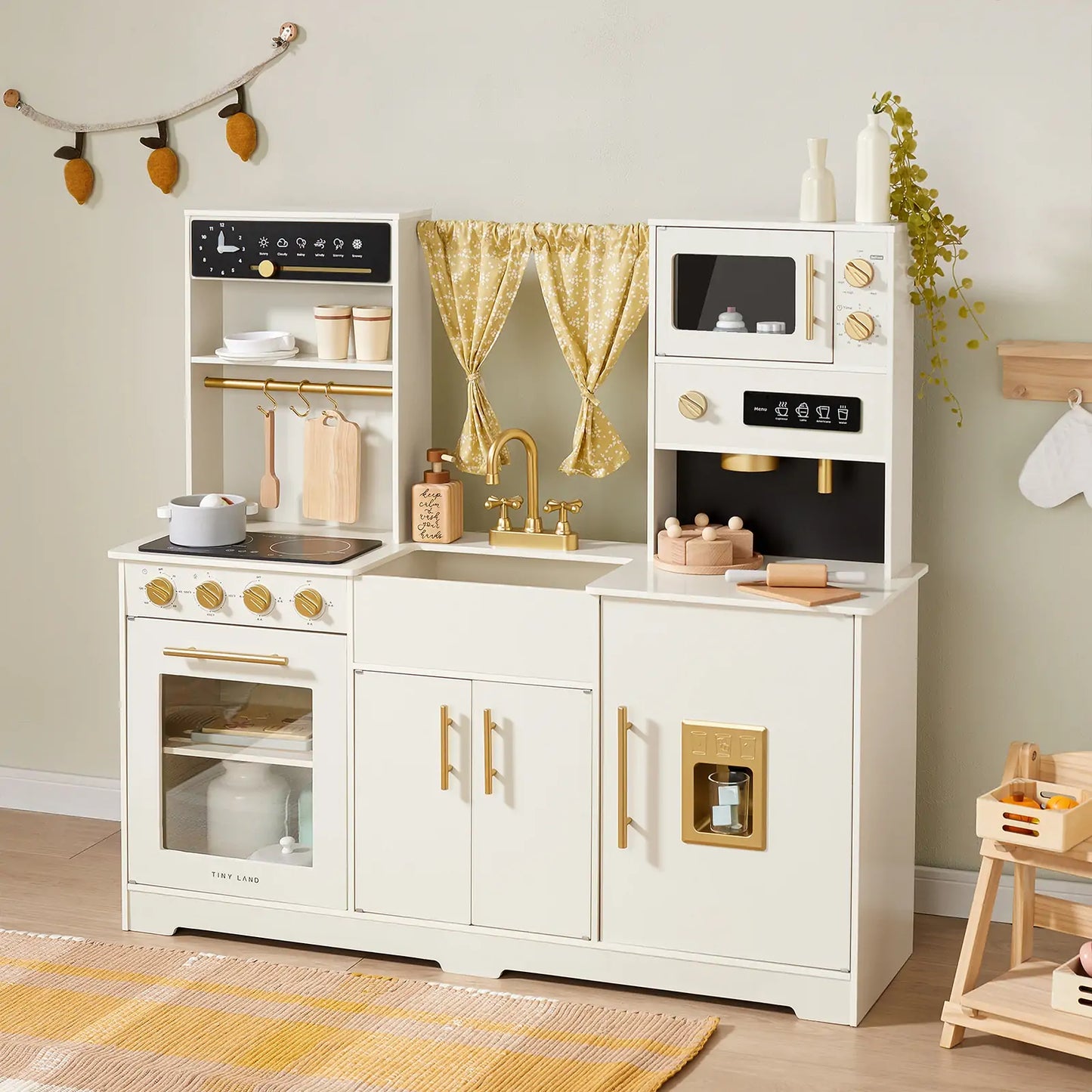 Tiny Land® Iconic Wooden Play Kitchen – Cream Pretend Cooking Set for Kids